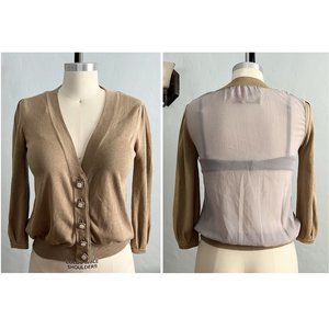 TWELVE BY TWELVE Brown Grey Silk Cotton Cardigan Sweater - 3/4 Sleeve - Small